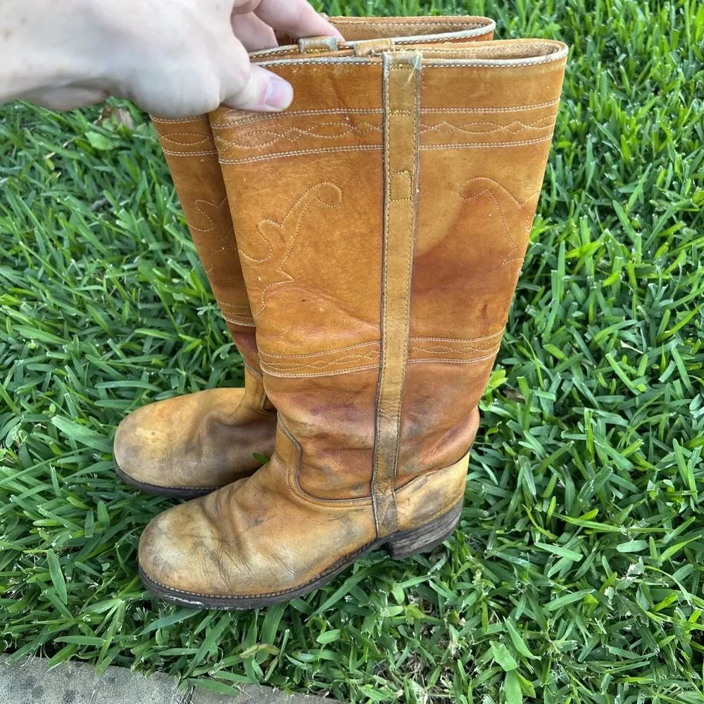 VTG 70s Frye Campus Longhorn 9.5D Black Label Saddle Brown Western Boots As Is